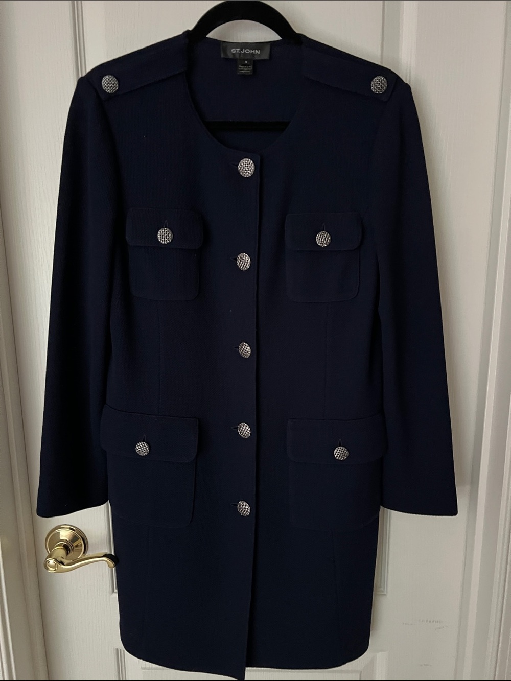 St. John Navy Military-Style Buttoned Trench Coat